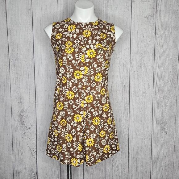 Vintage Pants - VTG 60s Handmade Brown|Yellow|White Flower Print Playsuit Romper, sz Small